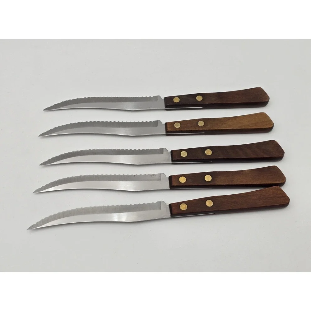 VTG Robinson Serrated Steak Knives Stainless Steel USA Wood Handles Set 5 Holder